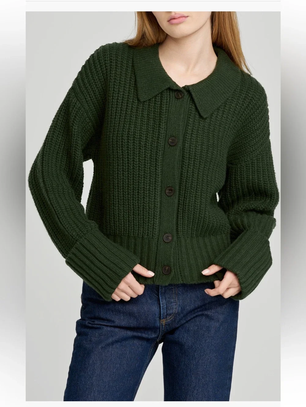 Wayf collared Button front Ribbed Cardigan forest green - Picture 4 of 7
